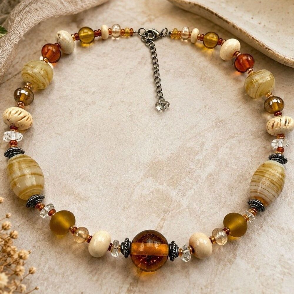 Vintage Banded Art Glass Beaded Statement Necklace Amber Honey Boho Ajustable 18